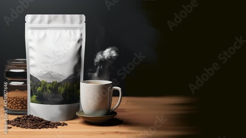 Mockup of a cup of smoking hot coffee, coffee beans and empty coffee bag with copy space, ready for coffee advertisement or marketing video.