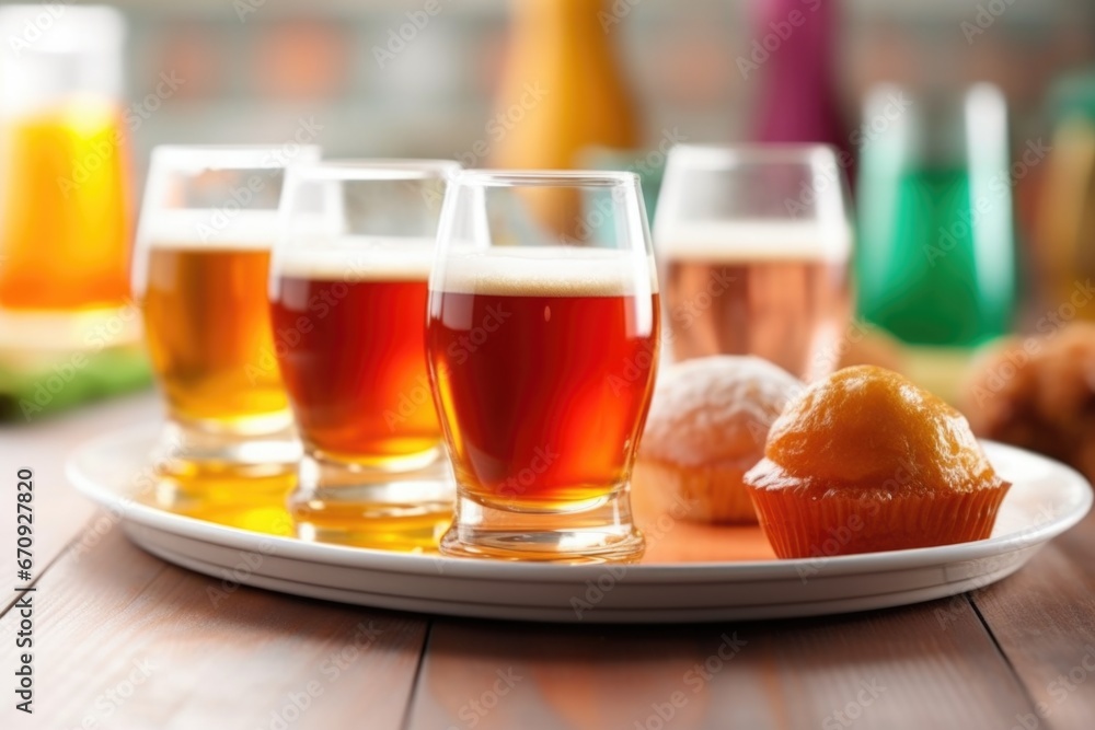 copper colored ale in a glass next to colorful sliders on white plate copper colored ale in a glass next to colorful sliders on white plate