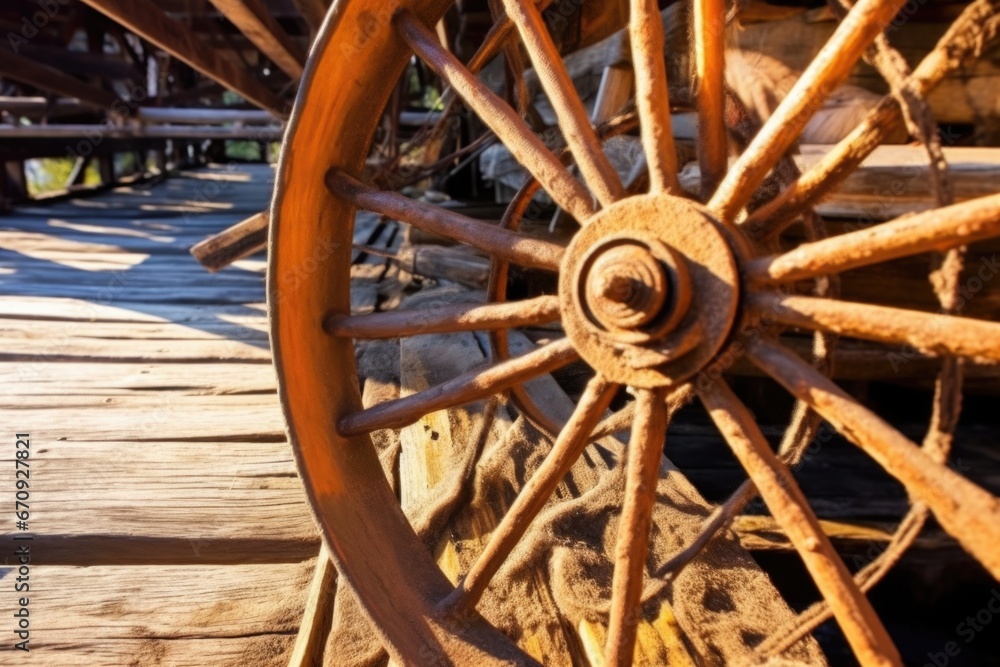 high angle shot of an antique paddle wheel and spokes high angle shot of an antique paddle wheel and spokes