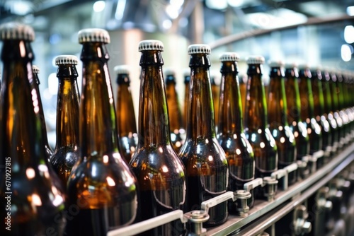 photo of sterilized beer bottles on a production line
