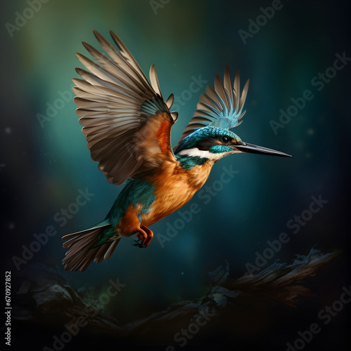 Flying kingfisher on green background