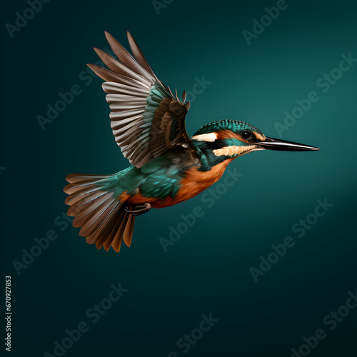 Flying kingfisher on green isolated background