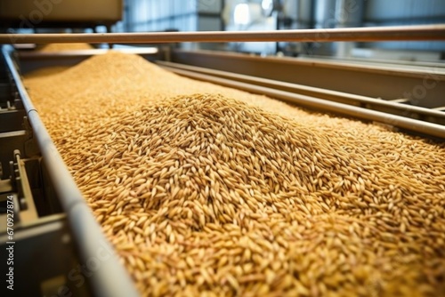 close-up of malt barley being transported on a conveyor belt