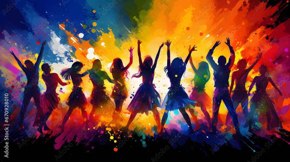Illustration of crowd of people dancing together, vibrant rainbow colors in background