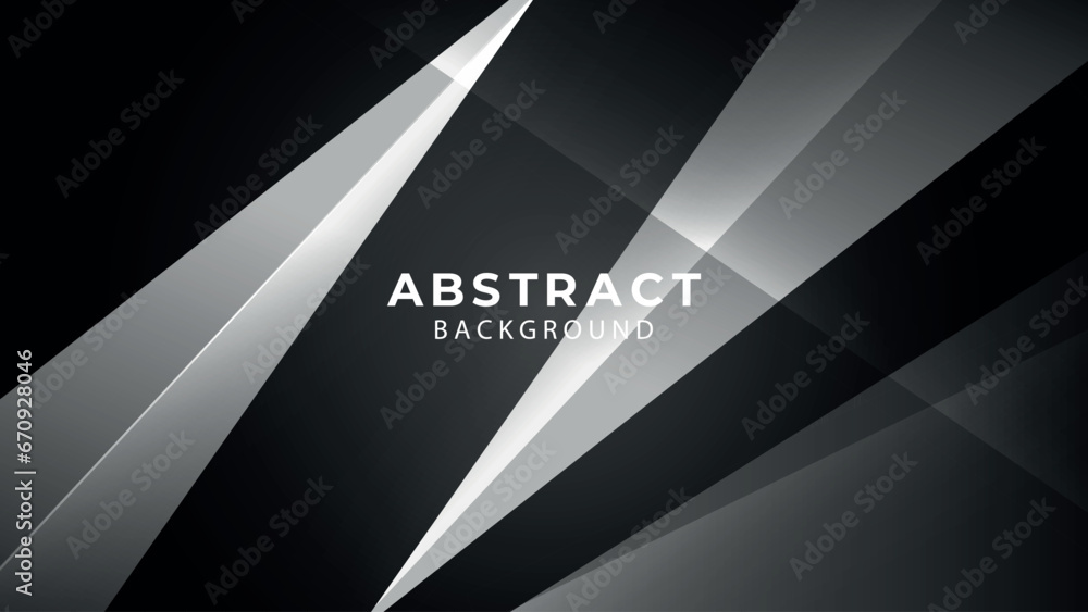 Black white overlap layered abstract modern background on dark design with geometric triangle shape, shadow, diagonal stripes line and 3d effect. For banner, landing page, website template and more.