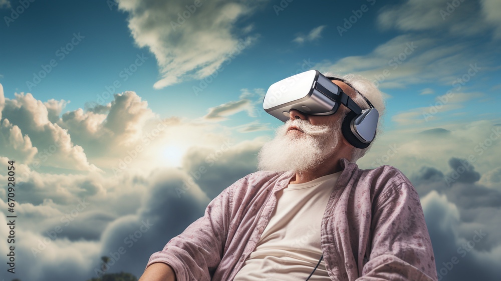 Old man wears VR glasses to see heaven Old man wears VR glasses to see heaven