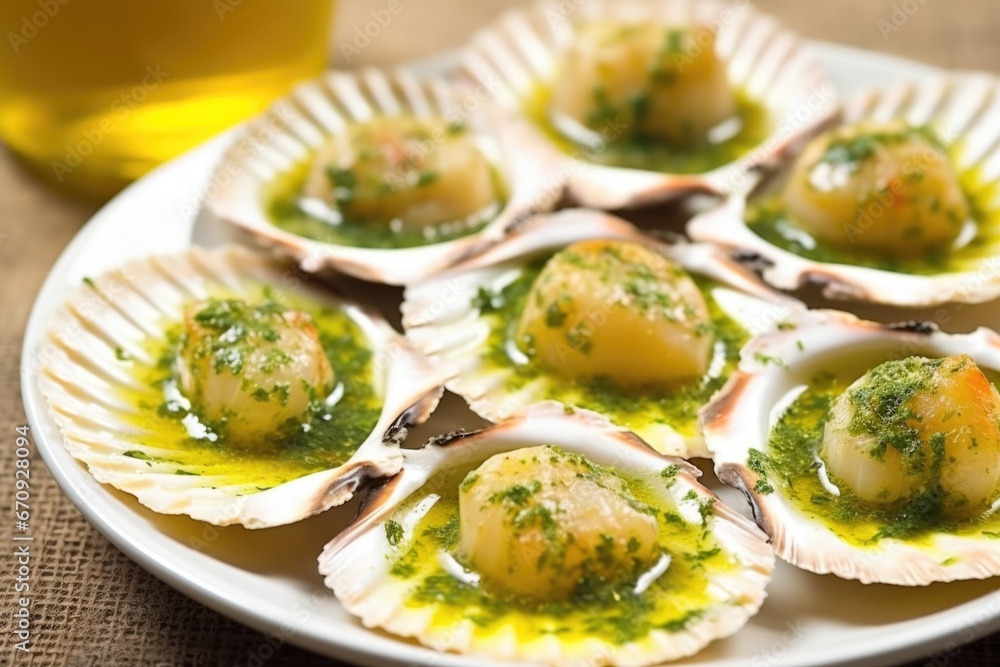 macro shot of seared scallops with garlic butter sauce macro shot of seared scallops with garlic butter sauce
