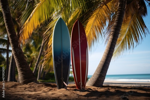 two surfboards leaning against a palm tree