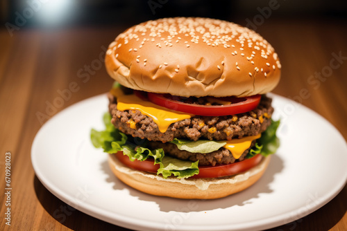 Closeup of tasty hamburger with cheese and vegetables on black background. Generative AI