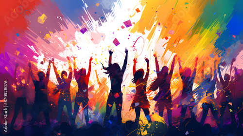 Illustration of people dancing together, vibrant rainbow colors in background photo