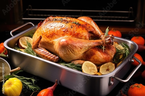 whole turkey on roasting pan with a cooking thermometer inserted photo