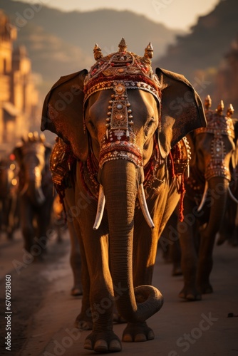 Majestic elephant procession at the Amber Fort in Jaipur, Generative AI