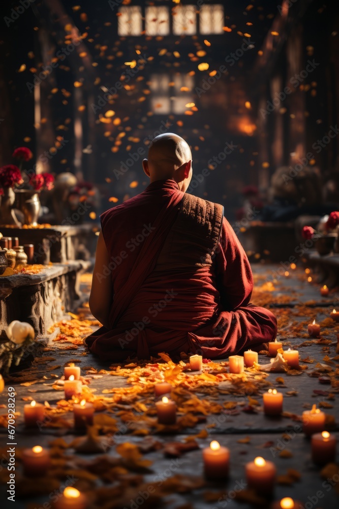 Peaceful meditation session in a Tibetan monastery in Ladakh, Generative AI