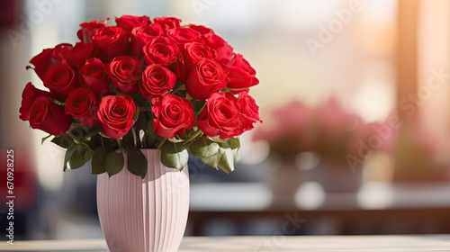Bouquet of red roses in the vase. Beautiful floral composition for wedding, Valentine's day, birthday.