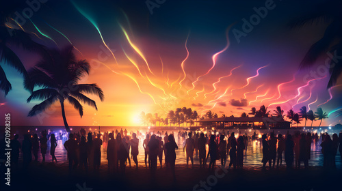 People enjoying night beach party in summers, nightlife with cocktails and music entertainment concept