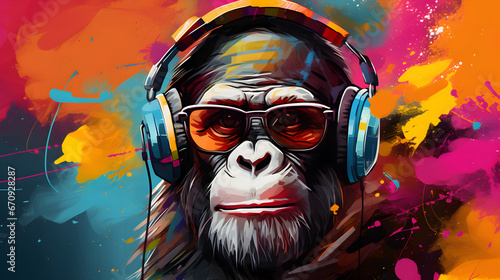 Party monkey wearing headphones on colorful abstract background