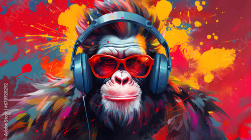 Party monkey ape with headphones on colorful abstract background photo