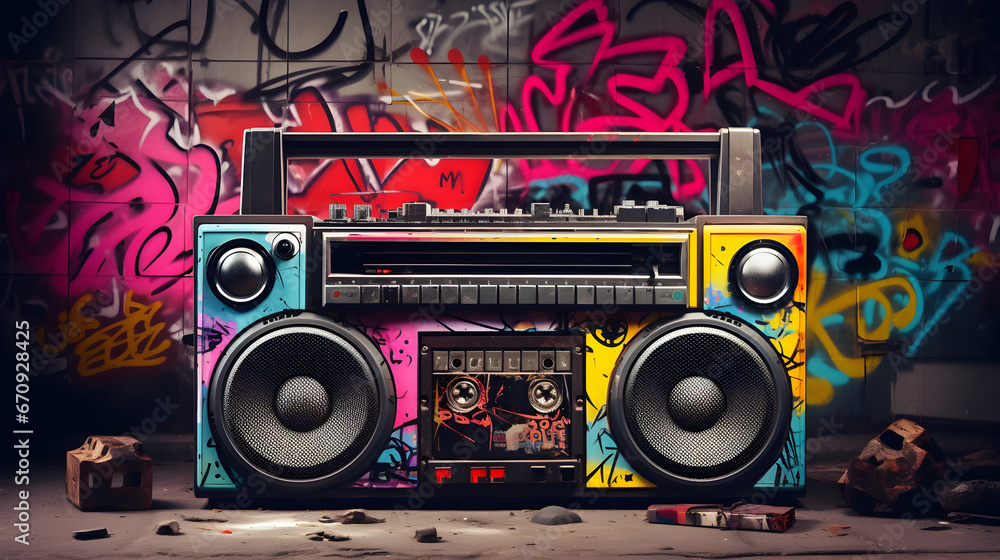 Retro ghetto blaster boombox, tape recorder from 80s era in a grungy graffiti covered room - obrazy, fototapety, plakaty 