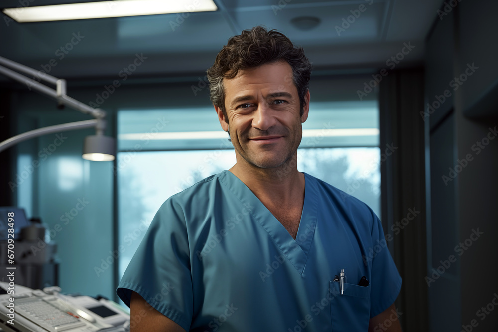 Smiling male surgeon in uniform at work in a hospital. Health profession. Hospital. Clinical. Work. AI. Smiling male surgeon in uniform at work in a hospital. Health profession. Hospital. Clinical. Work. AI.