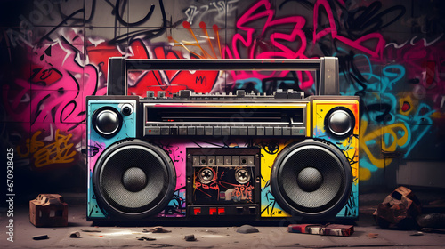 Retro ghetto blaster boombox, tape recorder from 80s era in a grungy graffiti covered room photo