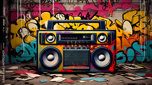 Retro vintage design ghetto blaster boombox, tape recorder from 80s in a grungy graffiti covered room