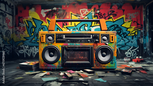 Retro old design ghetto blaster boombox, cassette tape recorder from 1980s in a grungy graffiti covered room