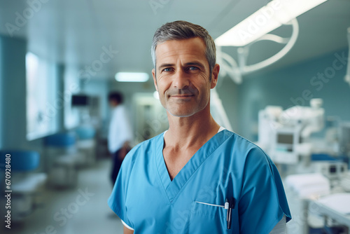 Smiling male surgeon in uniform at work in a hospital. Health profession. Hospital. Clinical. Work. AI.