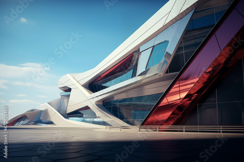 A Striking Red and White Building with Captivating Geometric Patterns Generative AI. Created With Generative AI Technology