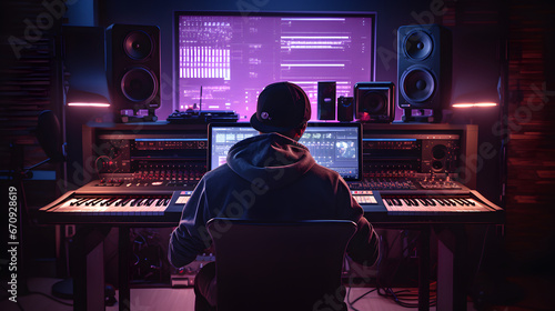 Music producer working in recording studio photo