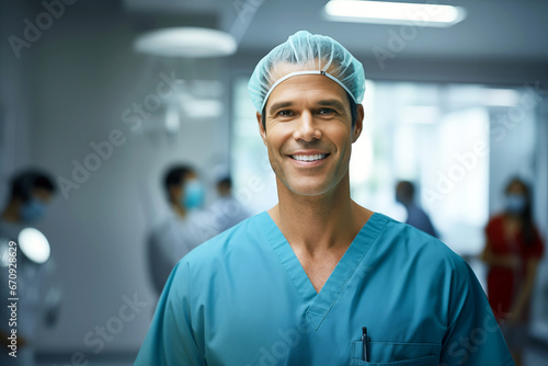 Smiling male surgeon in uniform at work in a hospital. Health profession. Hospital. Clinical. Work. AI.