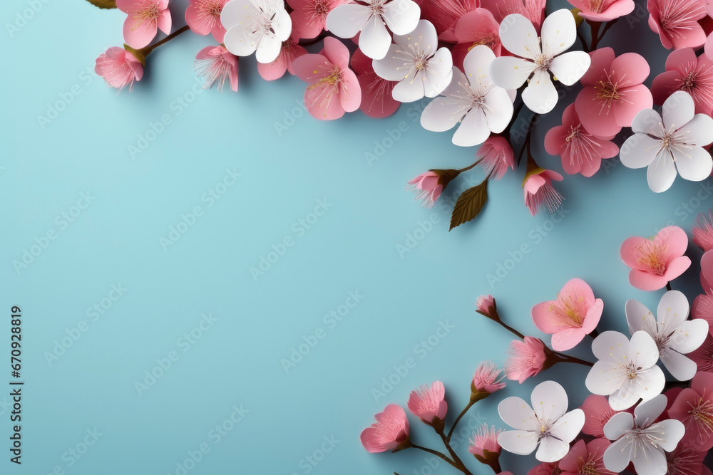 Flowers composition. Frame made of rose flowers on pastel blue background. Valentines day or mothers day spring concept.