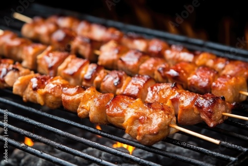 pork skewers lined up on a metal grill grate