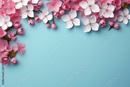 Flowers composition. Frame made of rose flowers on pastel blue background. Valentines day or mothers day spring concept.