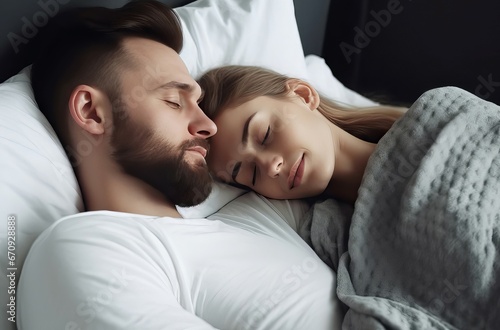 Lovely couple sleeping together relax. Pair people hug lying two. Generate Ai