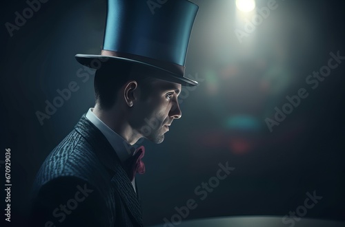 Magician with top hat. Back view of wand male with lights. Generate Ai