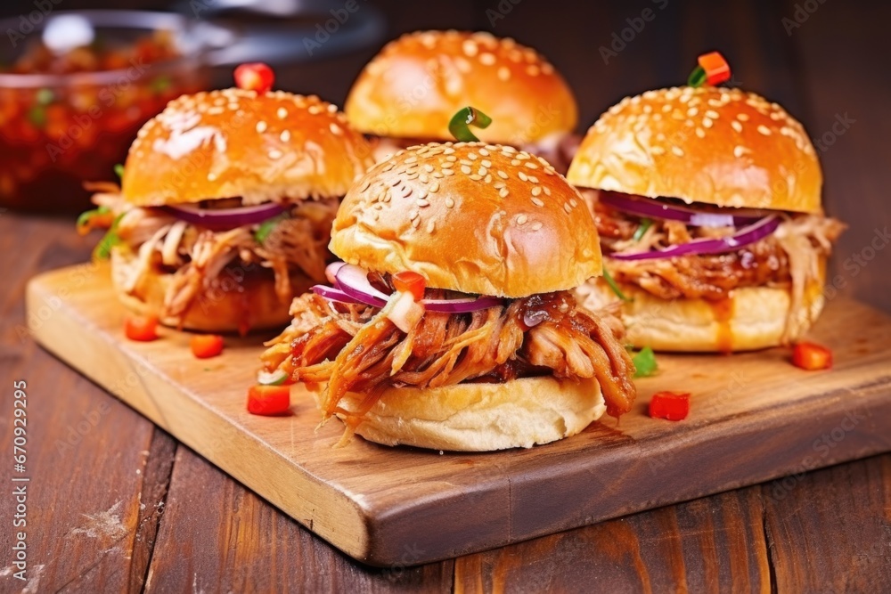 pulled pork sandwiches in brioche buns on wooden board