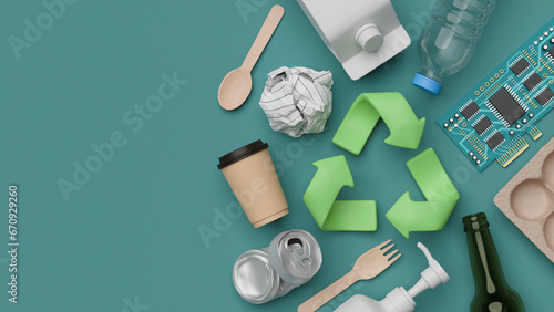 Recycle reuse symbol plastic bottle food plastic packaging glass bottle paper electronic waste aluminum  crushed can recycling process zero waste reduce ecology environment concept. 3d rendering. photo