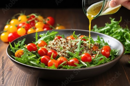 hand dropping cherry tomatoes into a quinoa and arugula salad