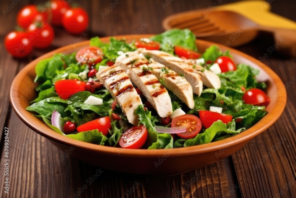 grilled chicken salad topped with whole cherry tomatoes grilled chicken salad topped with whole cherry tomatoes