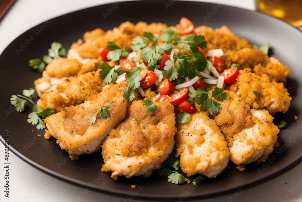 Chicken tanduri. Delicious chicken meal with rice, vegetables and sauce on a white plate. Generative AI Chicken tanduri. Delicious chicken meal with rice, vegetables and sauce on a white plate. Generative AI