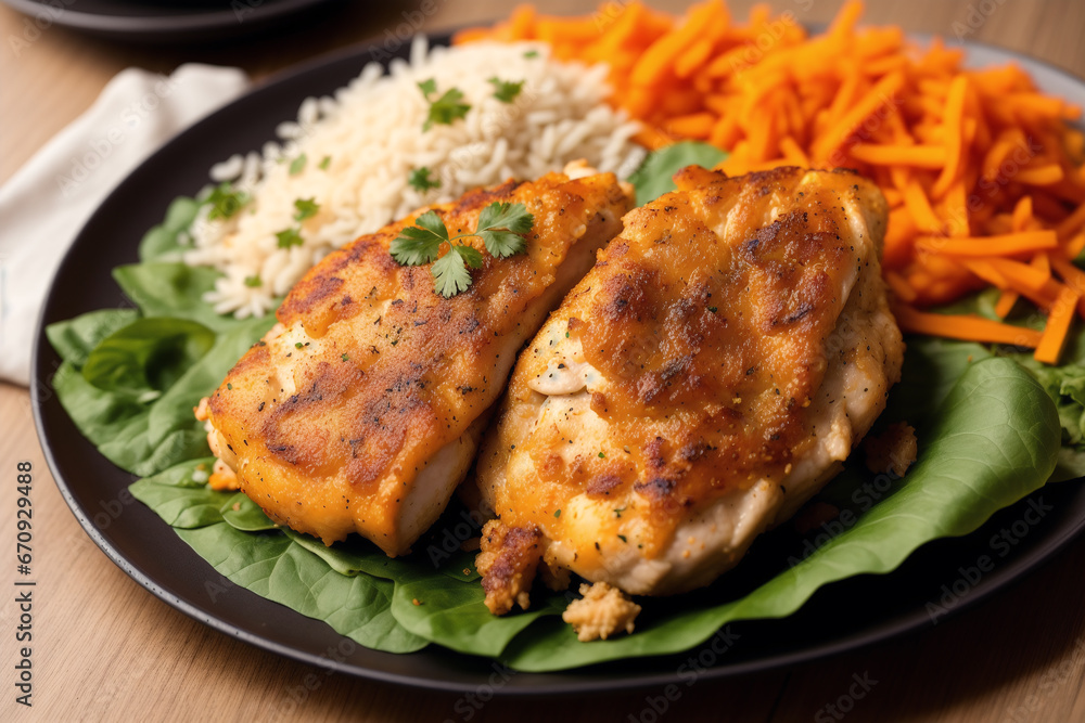 Chicken tanduri. Delicious chicken meal with rice, vegetables and sauce on a white plate. Generative AI Chicken tanduri. Delicious chicken meal with rice, vegetables and sauce on a white plate. Generative AI