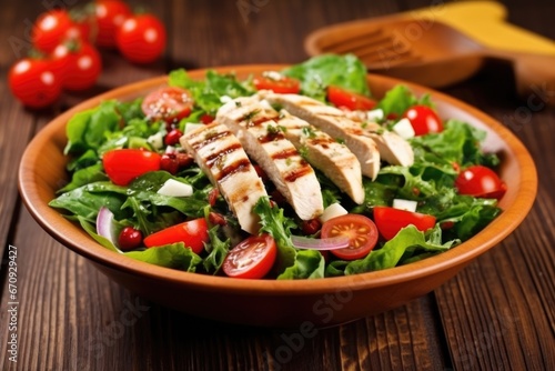 grilled chicken salad topped with whole cherry tomatoes