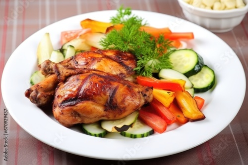 grilled chicken with mixed vegetables on a white plate