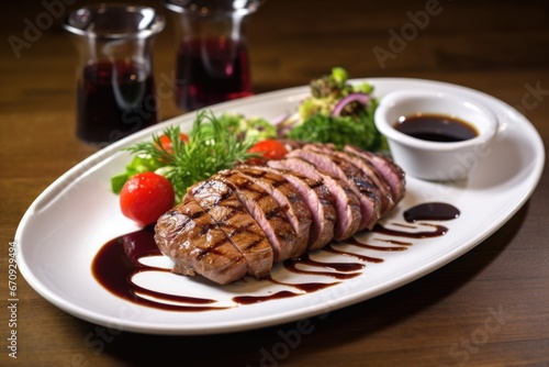 grilled duck elegantly plated with a drizzle of sauce on rim