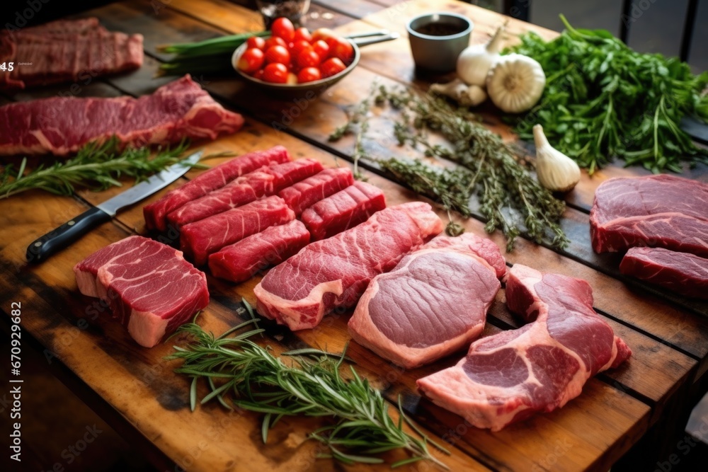 various cuts of grilled steaks laid out on a butchers table