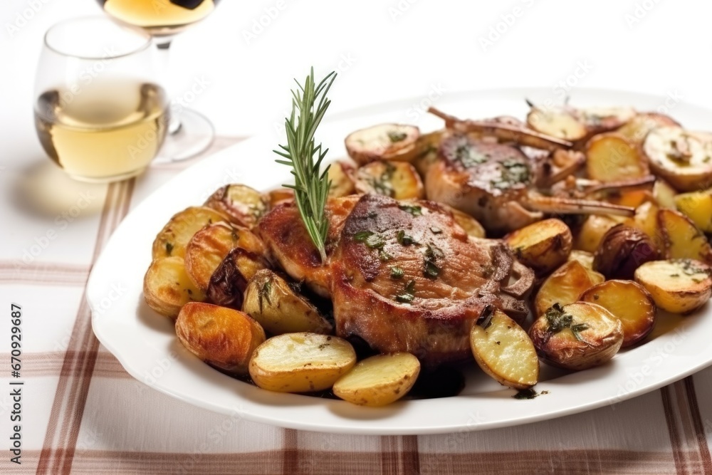 white plate with grilled veal chops and roasted baby potatoes white plate with grilled veal chops and roasted baby potatoes