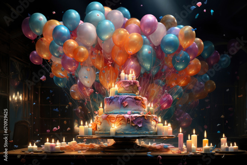 illustration of a Chocolate birthday cake with buttercream icing, candles and colorful balloons on a dark background.