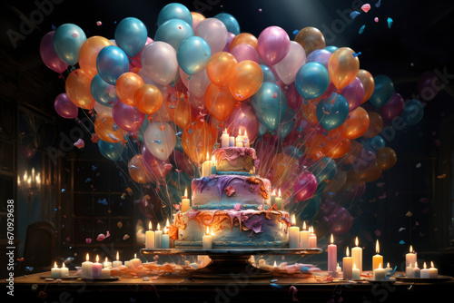 illustration of a Chocolate birthday cake with buttercream icing, candles and colorful balloons on a dark background. photo