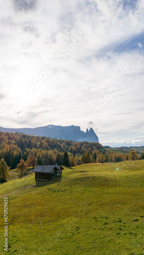 Panorama of the Seiser Alm in the Dolomites, Italy.