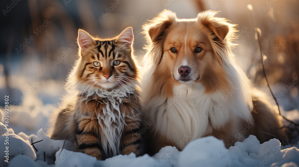 beautiful dog and cat in the snow beautiful dog and cat in the snow